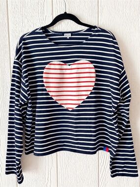 KULE Navy & White Striped Long-Sleeve Top with Red Heart Appliqué